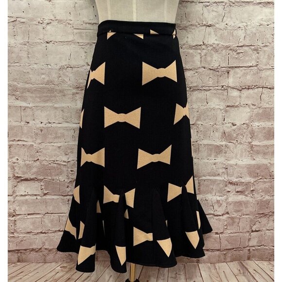 Anthropologie Eva Franco Midi Skirt Size 10 Bow Tie Print Trumpet Flare Hem - Picture 2 of 5